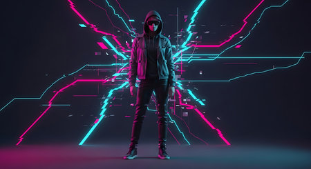 Full length portrait of a man in a black hoodie and mask standing in front of glowing neon lines on dark backgroundの素材