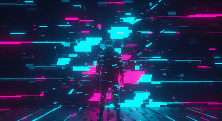 3d rendering of cyborg robot with glowing neon lights on dark backgroundの素材