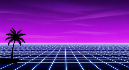 Retro futuristic background with palm trees and futuristic grid. 3d renderingの素材