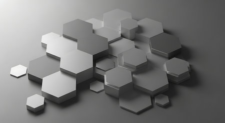 Abstract 3d rendering of hexagons in gray background. Computer generated background.の素材
