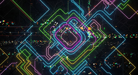Futuristic technology circuit board with glowing lines. 3d renderingの素材