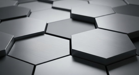 3d rendering of abstract metallic hexagon shapes in black and white colorの素材