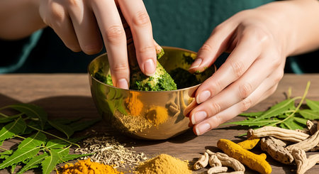 Close-up of hands of a young woman with a beautiful manicure and a bowl of turmericの素材