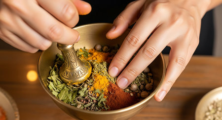Close-up of female hands holding bowl with spices and herbs.の素材