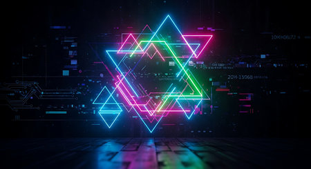 Abstract neon background with geometric shapes and glowing lines. 3D Renderingの素材