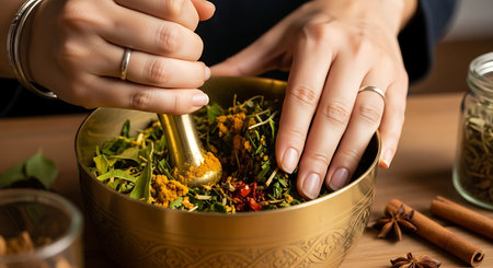 Close-up of female hands preparing herbal medicine with mortar and pestleの素材