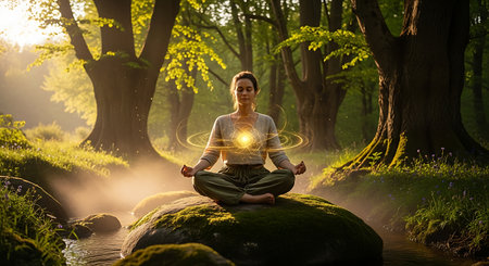 Young woman meditating in lotus pose in the forest at sunsetの素材