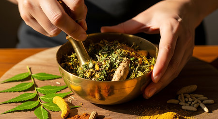 Close up of female hands preparing herbal tea with mortar and pestleの素材