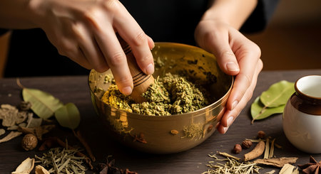 Female hands making herbal tea in bowl, closeup. Alternative medicine conceptの素材