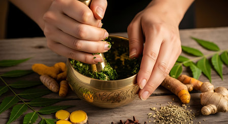 Close-up of female hands making pestle with herbs and spicesの素材