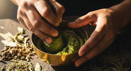 Close-up of woman hands preparing green matcha tea. Alternative medicine concept.の素材