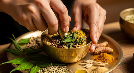 Close-up of female hands making herbs and spices in a bowlの素材