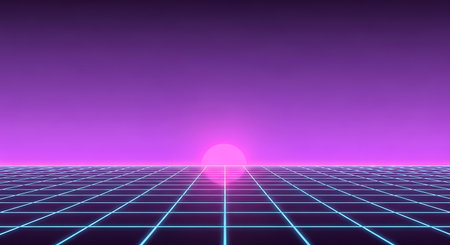 Retro 80s Sci-Fi Futuristic Background with Glowing Sunの素材