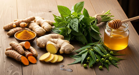 Herbs and spices on wooden background. Herbs and spices.の素材