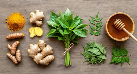 Herbs and spices on wooden background. Top view, flat layの素材