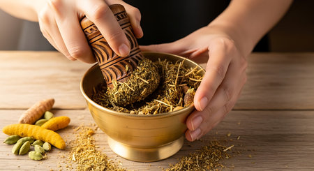 Close-up Of Woman's Hand Pouring Dry Herbs Into Bowlの素材