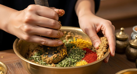 Close-up of female hands mixing spices in bowl on wooden tableの素材