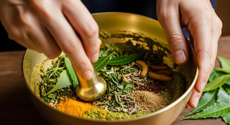 Close-up of the hands of a young woman preparing a mixture of Indian spices in a copper bowl.の素材