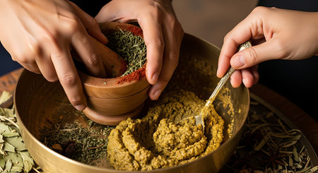 Close-up of female hands holding wooden bowl with spices and herbsの素材