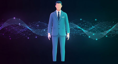 Vector illustration of a businessman in a suit on a blue background with waves.の素材