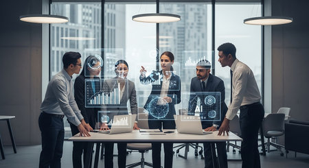 Group of business people working together in modern office. Corporate businessteam and manager in formal wear using laptop and digital interface with infographs. Teamwork conceptの素材