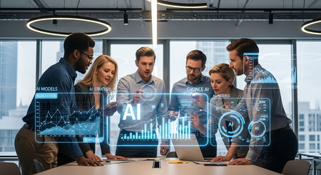 Group of business people working together in modern office and financial graph hologram. Double exposure.の素材