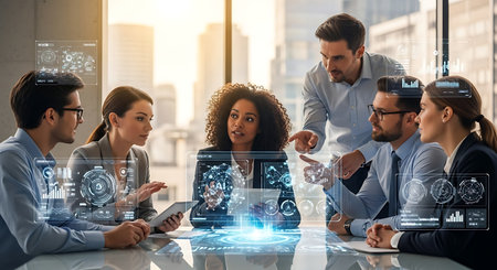 Business people working together in modern office with virtual interface. Toned imageの素材