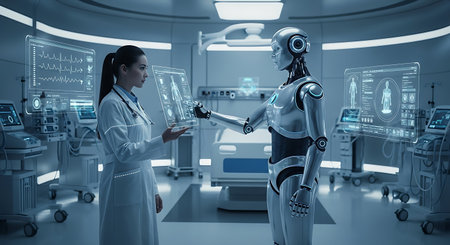Young woman doctor and robot in modern hospital ward. 3D renderingの素材
