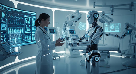 Two female robots shaking hands in modern operating room. 3D renderingの素材