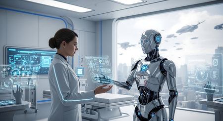 Cyborg woman in modern office interior. Mixed media. Mixed mediaの素材