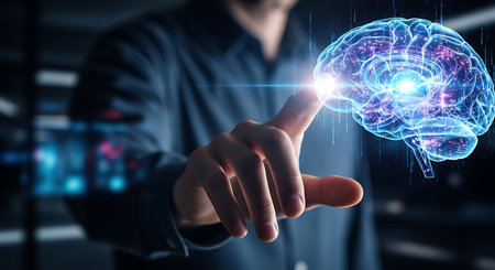 Businessman on blurred background using digital artificial intelligence interface 3D renderingの素材