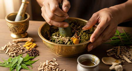Closeup of woman hands making herbal medicine. Alternative medicine concept.の素材