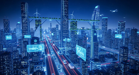 Highway in the city at night, concept of smart city and transportationの素材