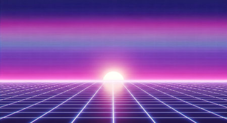 3d illustration of a futuristic background with a grid and a sunの素材