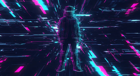 Cyberpunk robot with glowing neon lines, cyberspace concept. 3D Renderingの素材