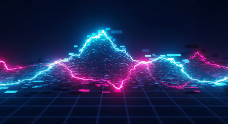Abstract technology background with glowing lines and cubes. 3D Renderingの素材