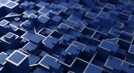 Abstract 3d rendering of geometric shapes. Creative background with blue cubes.の素材