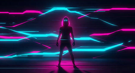 3d rendering of a female figure in neon light. Futuristic background with neon lights.の素材