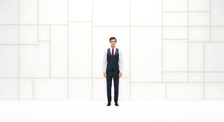 Businessman standing in front of a white wall with a golden patternの素材