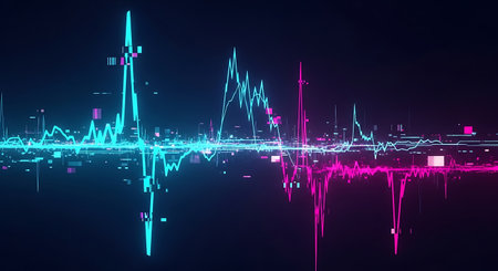 3d rendering of sound wave in dark background. Music equalizer technology conceptの素材