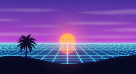 Futuristic background with sunset and palm tree. Vector illustration.の素材