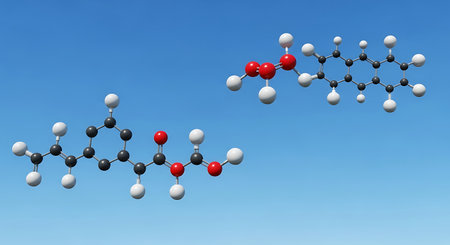 Molecular model of acetylase on blue sky background.の素材