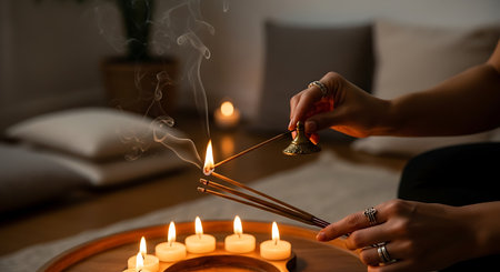 Close up of female hands holding incense sticks and burning candles.の素材