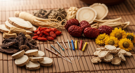 Chinese herbal medicine on bamboo mat background. Chinese herbal medicine concept.の素材