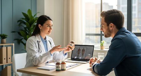 medicine, health care and people concept - smiling doctor with clipboard giving pills to patient in officeの素材