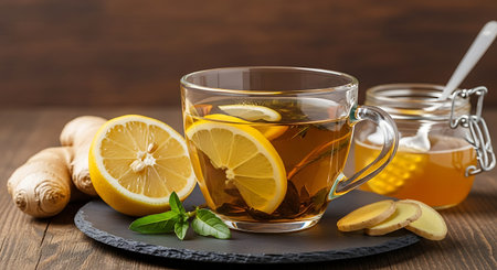 Cup of ginger tea with lemon and honey on wooden table.の素材
