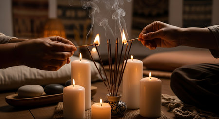 Woman lighting candles in spa salon, closeup. Alternative therapy conceptの素材