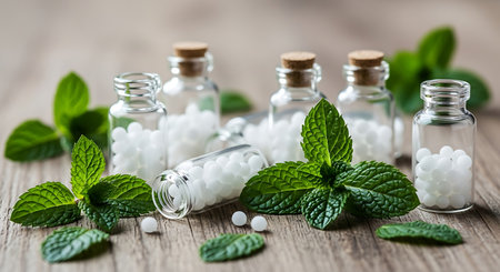 Mint essential oil in small glass bottles with fresh mint leaves.の素材