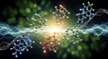 Molecular structure and communication background as concept for global science. 3D renderingの素材