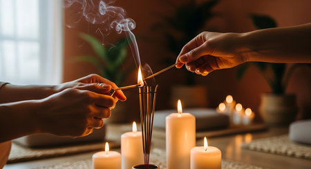 Close up of female hands lighting candles with incense sticks at homeの素材